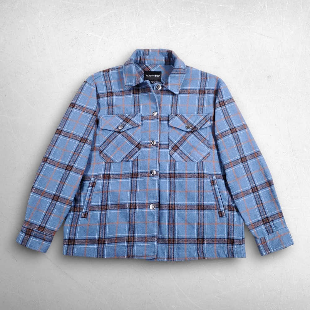 Velvet Heart Flannel Shirt Jacket Women S Blue Plaid Thick Shacket Cottagecore